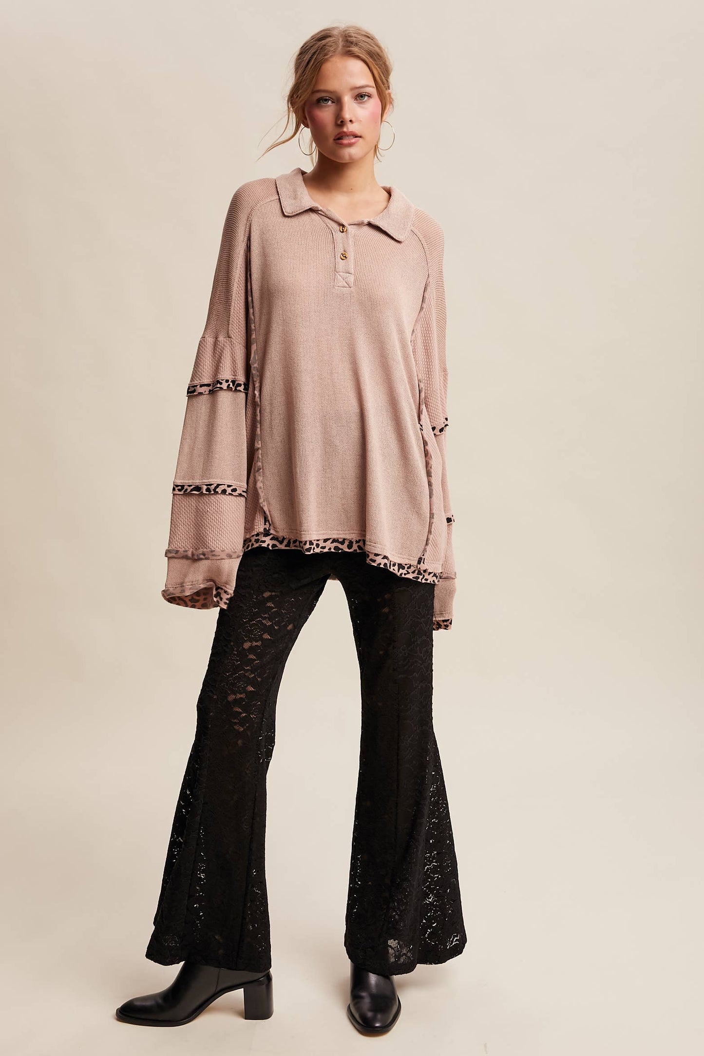 Leopard Trim Collared Thermal Top/ Dusty Pink
