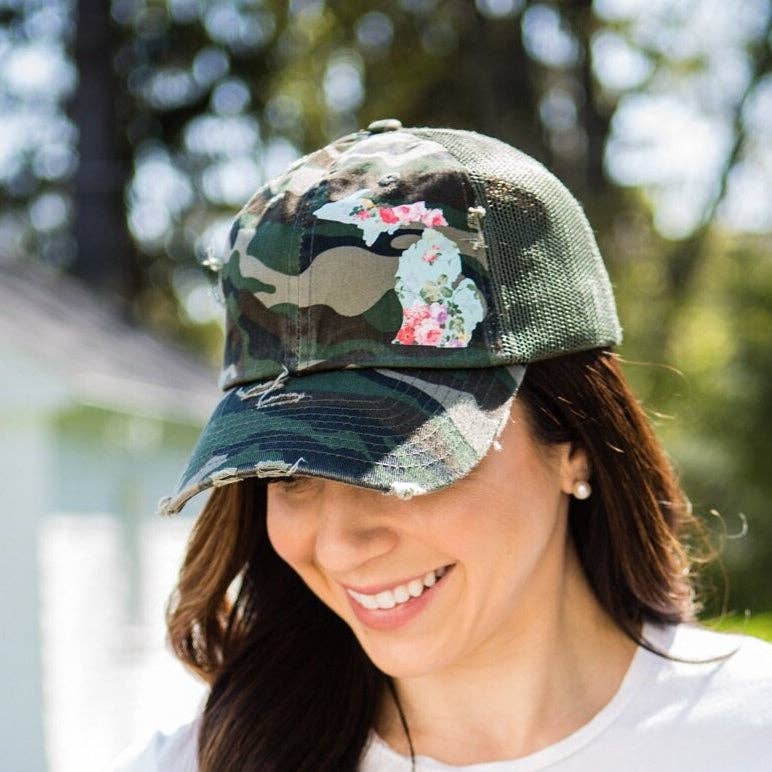 Hat // Michigan ~ CAMO Vintage Floral Michigan Trucker Hat