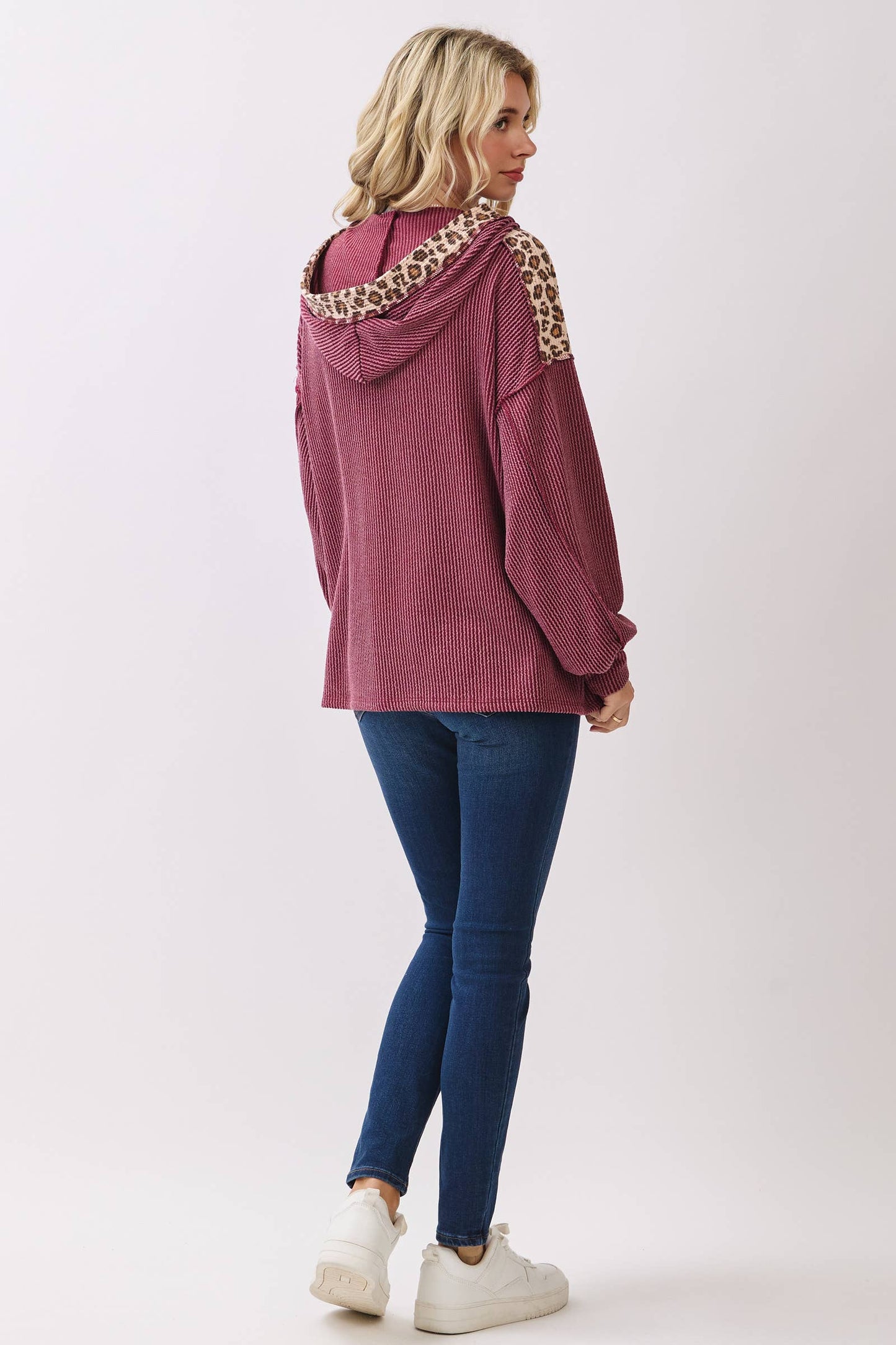 Leopard Contrast Button Front Hooded Sweatshirt/ Burgundy