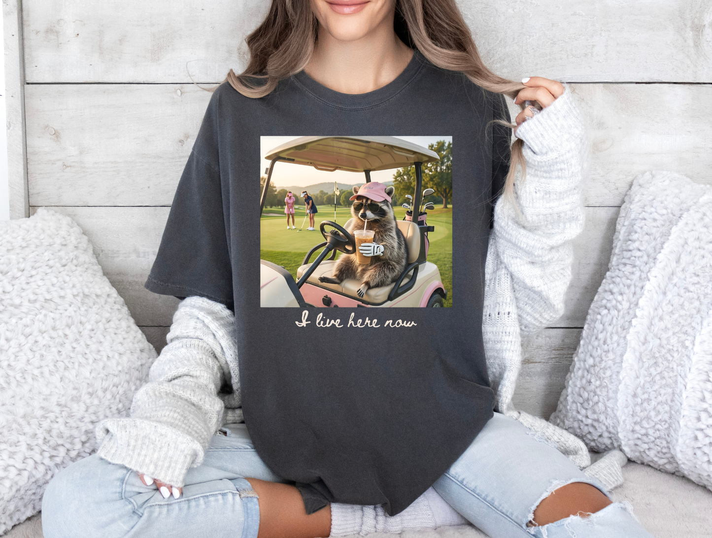 Raccoon I Live Here Now Golf - Funny Graphic Tee: Pepper