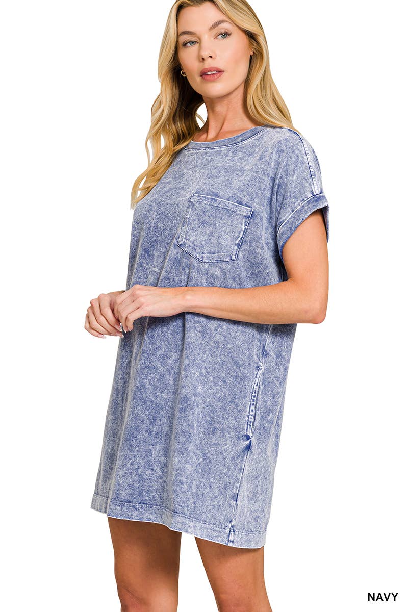 Zenana Halo Washed Premium Cotton T Shirts Dress w/ pockets-navy