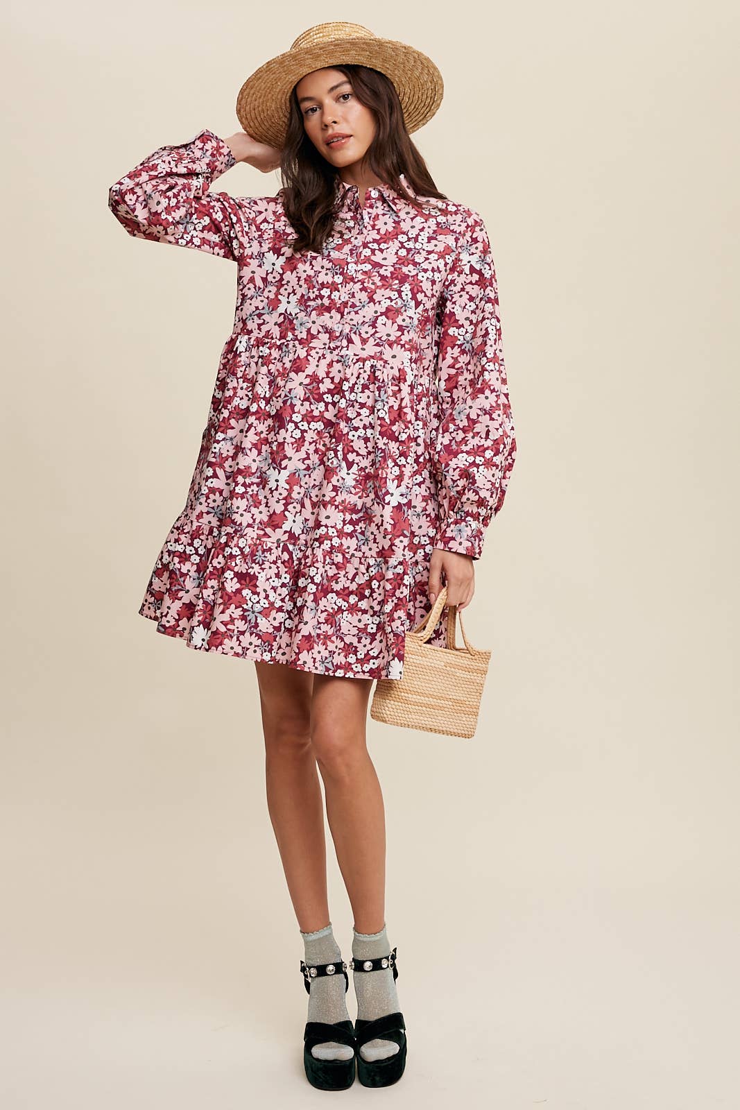 Bold Floral Tiered Shirt Dress