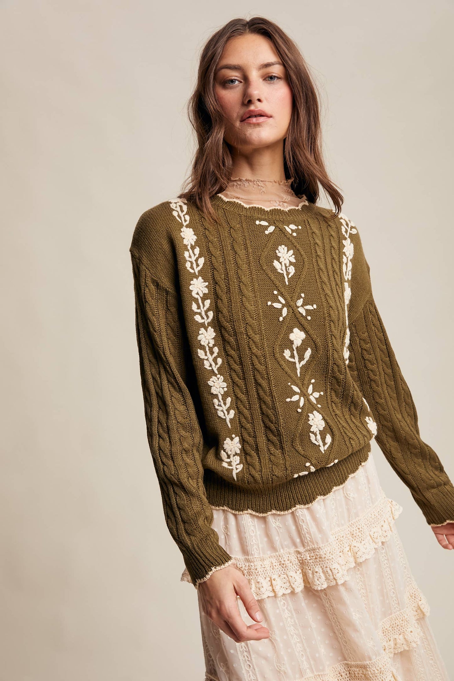 Floral Embroidered Cable Knit Sweater-olive