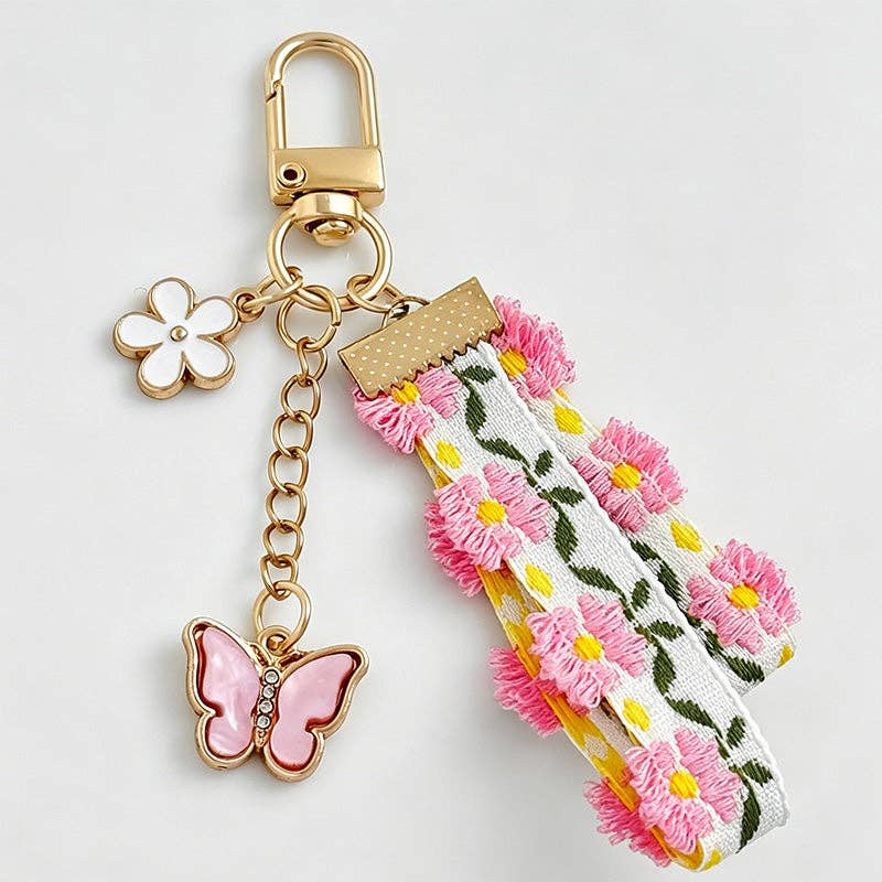 Fresh Floral Ribbon Butterfly Keychain: Pink Butterfly / One Size
