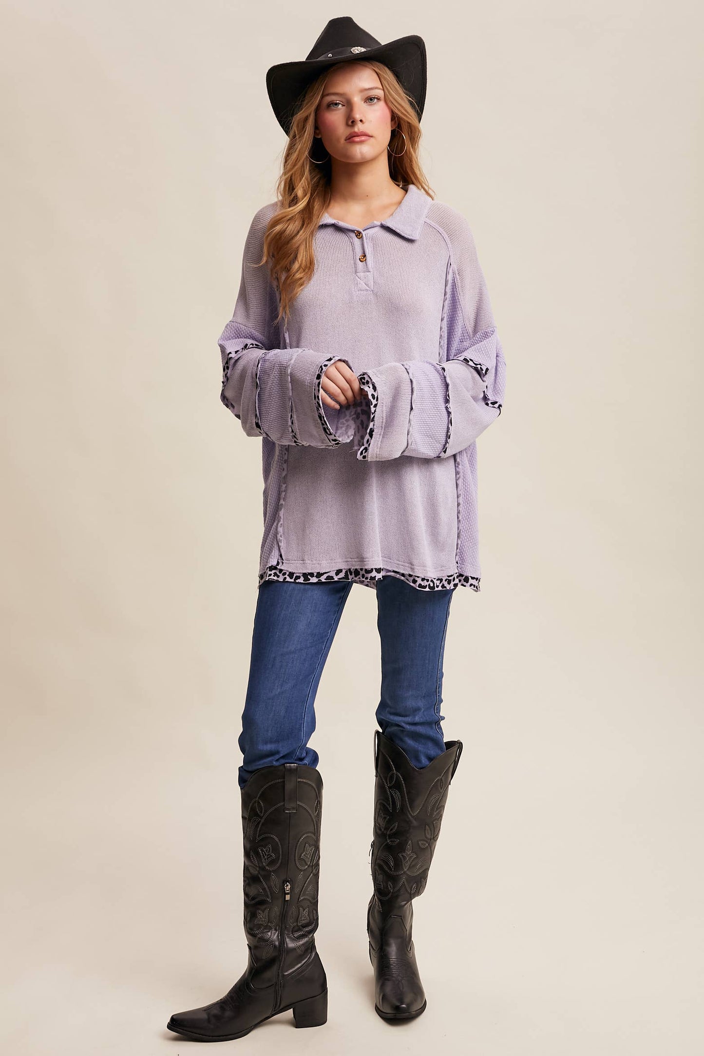Leopard Trim Collared Thermal Top/ Lilac