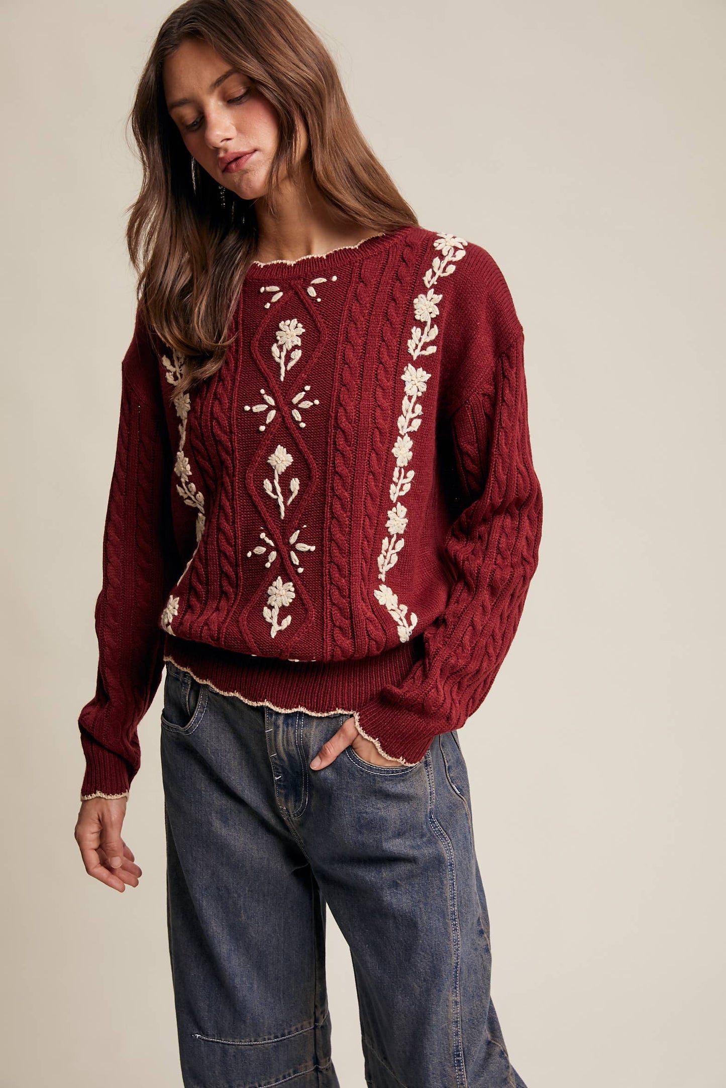 Floral Embroidered Cable Knit Sweater-cabernet
