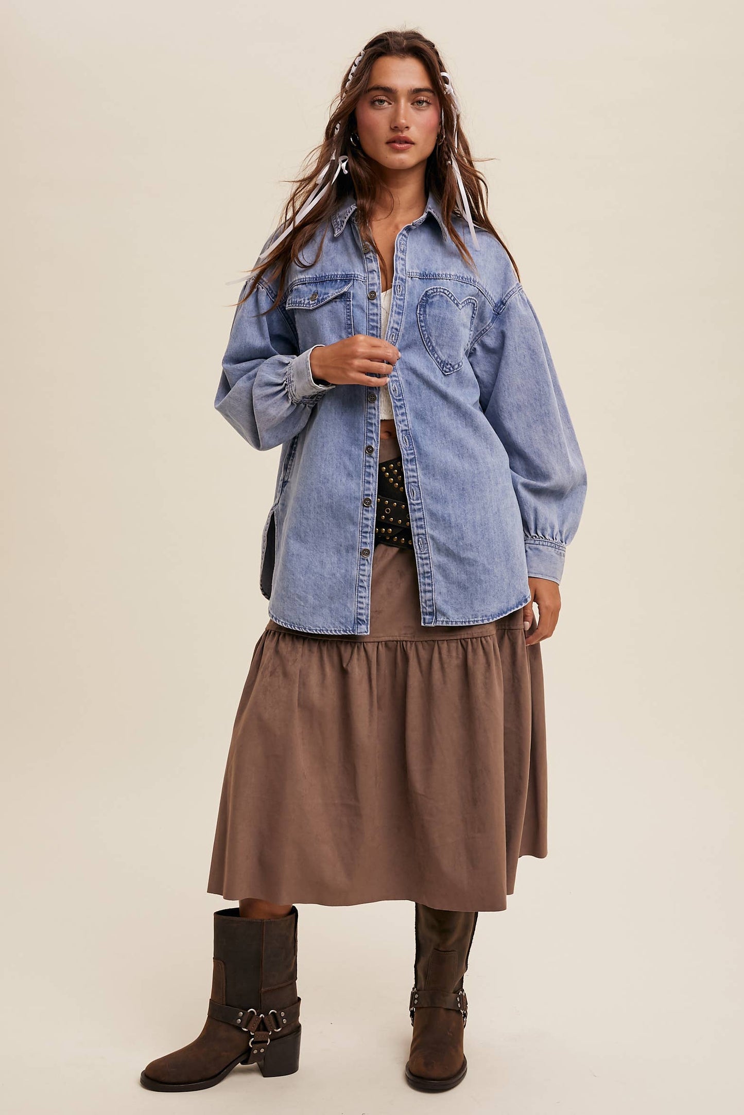 Heart Detail Oversized Denim Shirt/ Light Denim