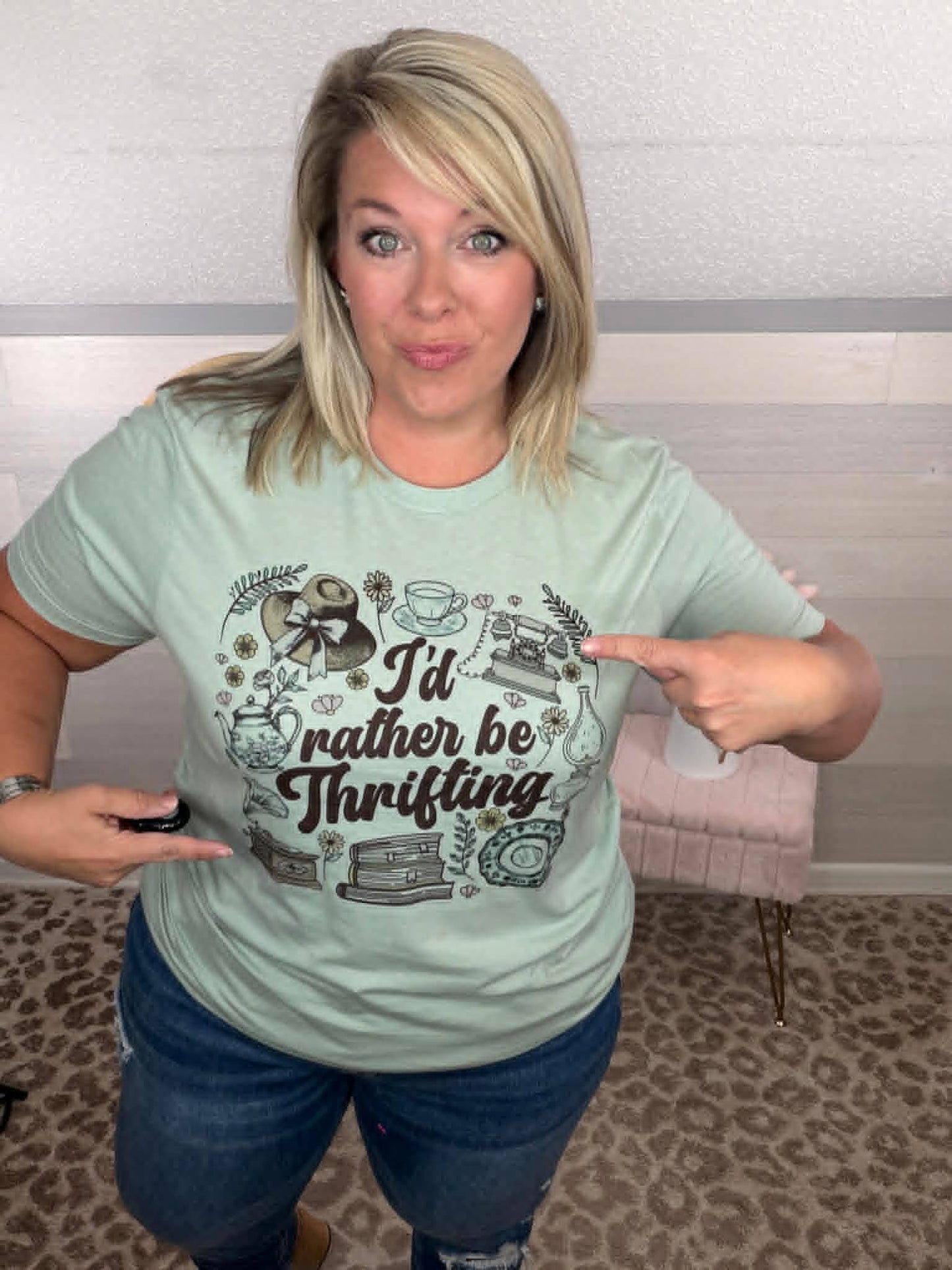 Vintage Rather be Thrifting Collage Dusty Green Graphic Tee