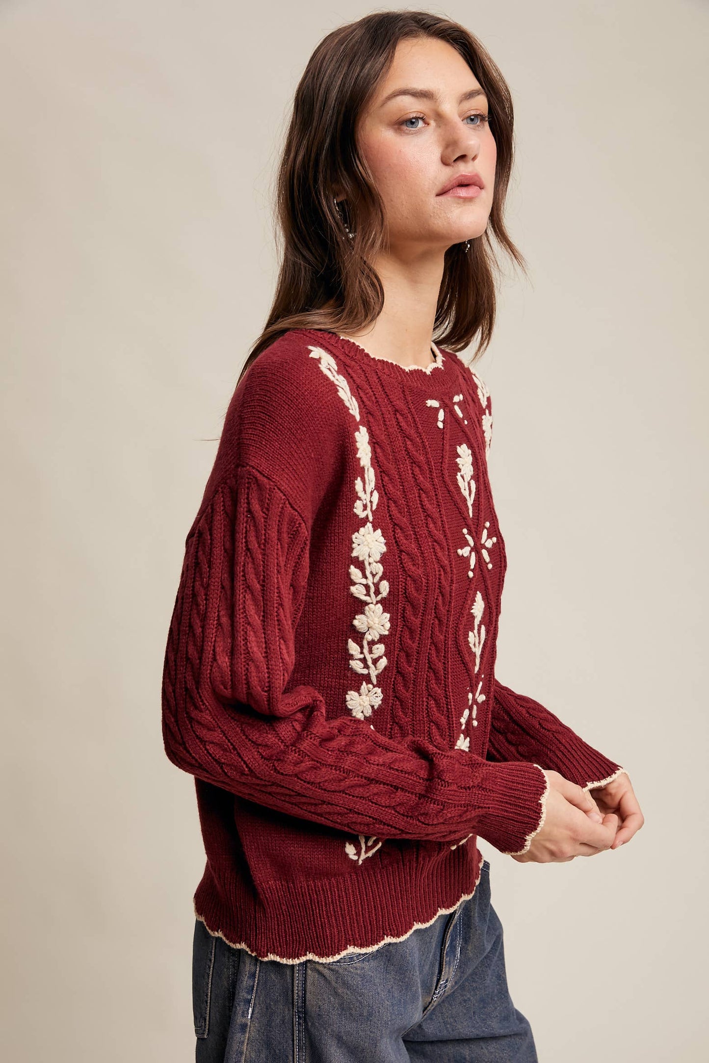 Floral Embroidered Cable Knit Sweater-cabernet