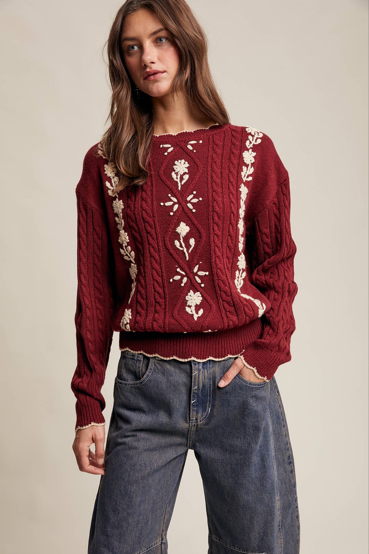 Floral Embroidered Cable Knit Sweater-cabernet