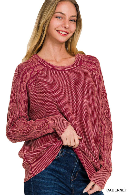 Zenana Washed Cable Sleeve Crewneck Sweater CABERNET