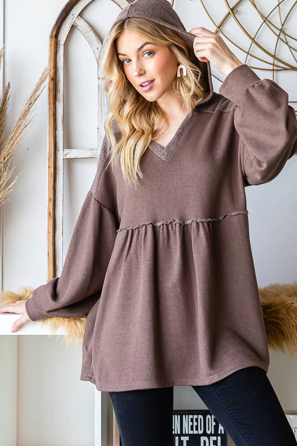 Baby Doll Drop Shoulder Hooded Top/ Mocha