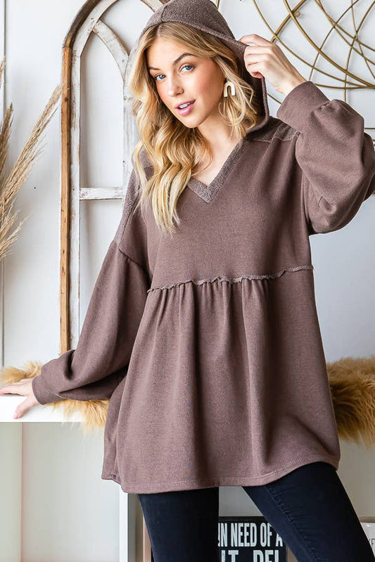 Baby Doll Drop Shoulder Hooded Top/ Mocha