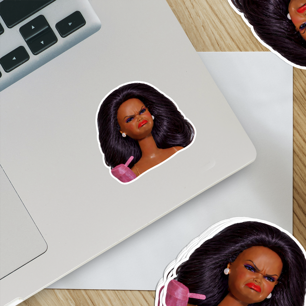 Annoyed Doll Face Reaction Vinyl Sticker: 2" wide
