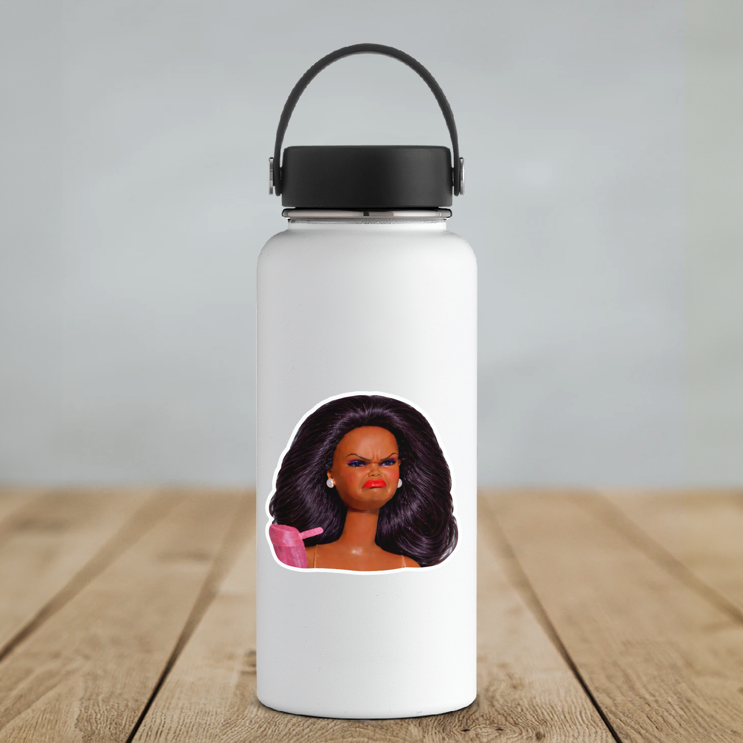 Annoyed Doll Face Reaction Vinyl Sticker: 2" wide