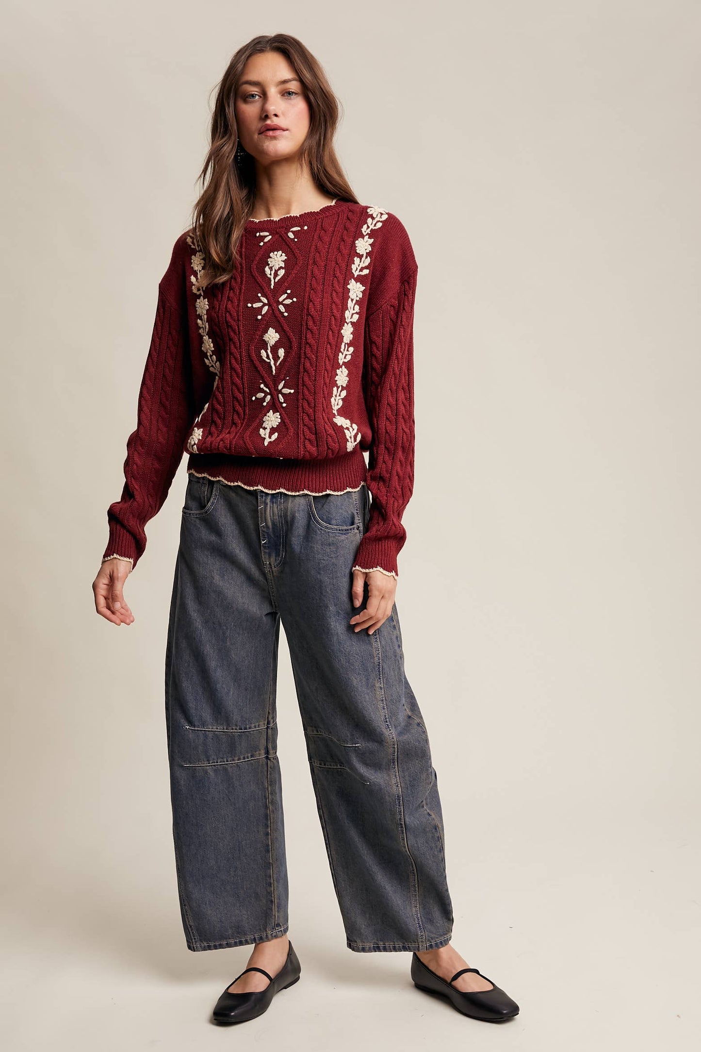 Floral Embroidered Cable Knit Sweater-cabernet