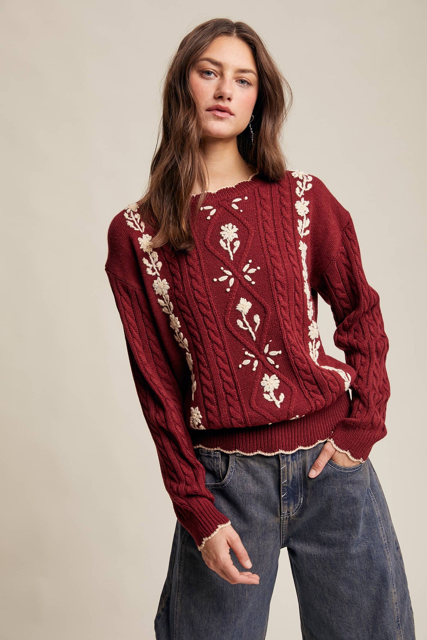 Floral Embroidered Cable Knit Sweater-cabernet