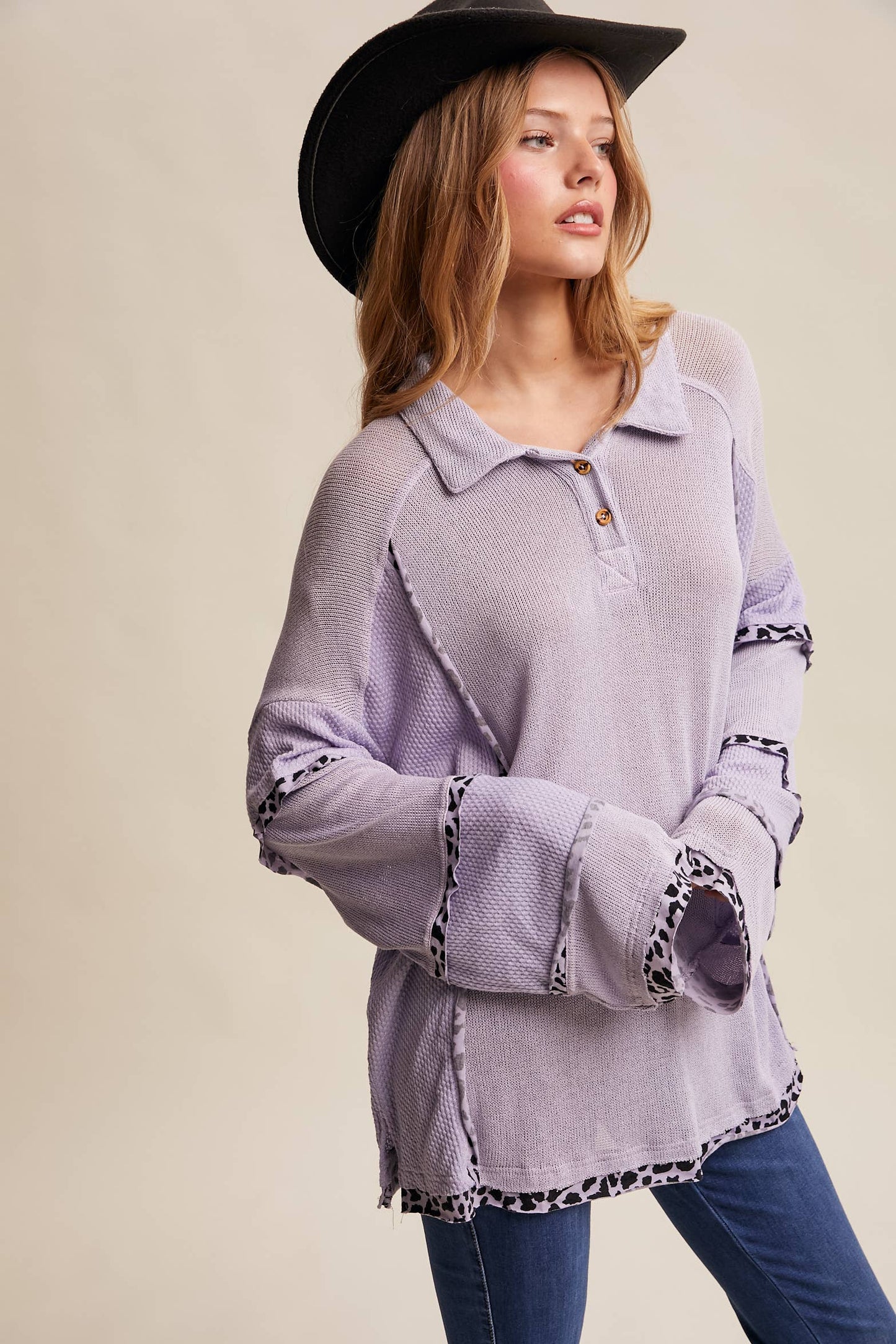 Leopard Trim Collared Thermal Top/ Lilac