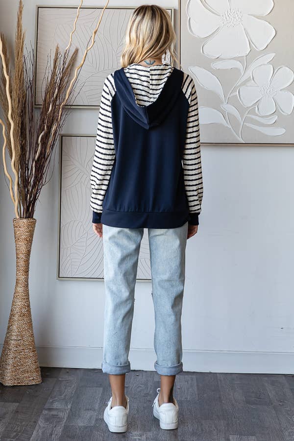 Stripe Contrast Hooded Knit Top/ Navy