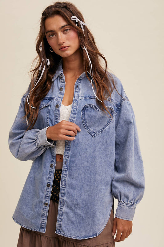 Heart Detail Oversized Denim Shirt/ Light Denim