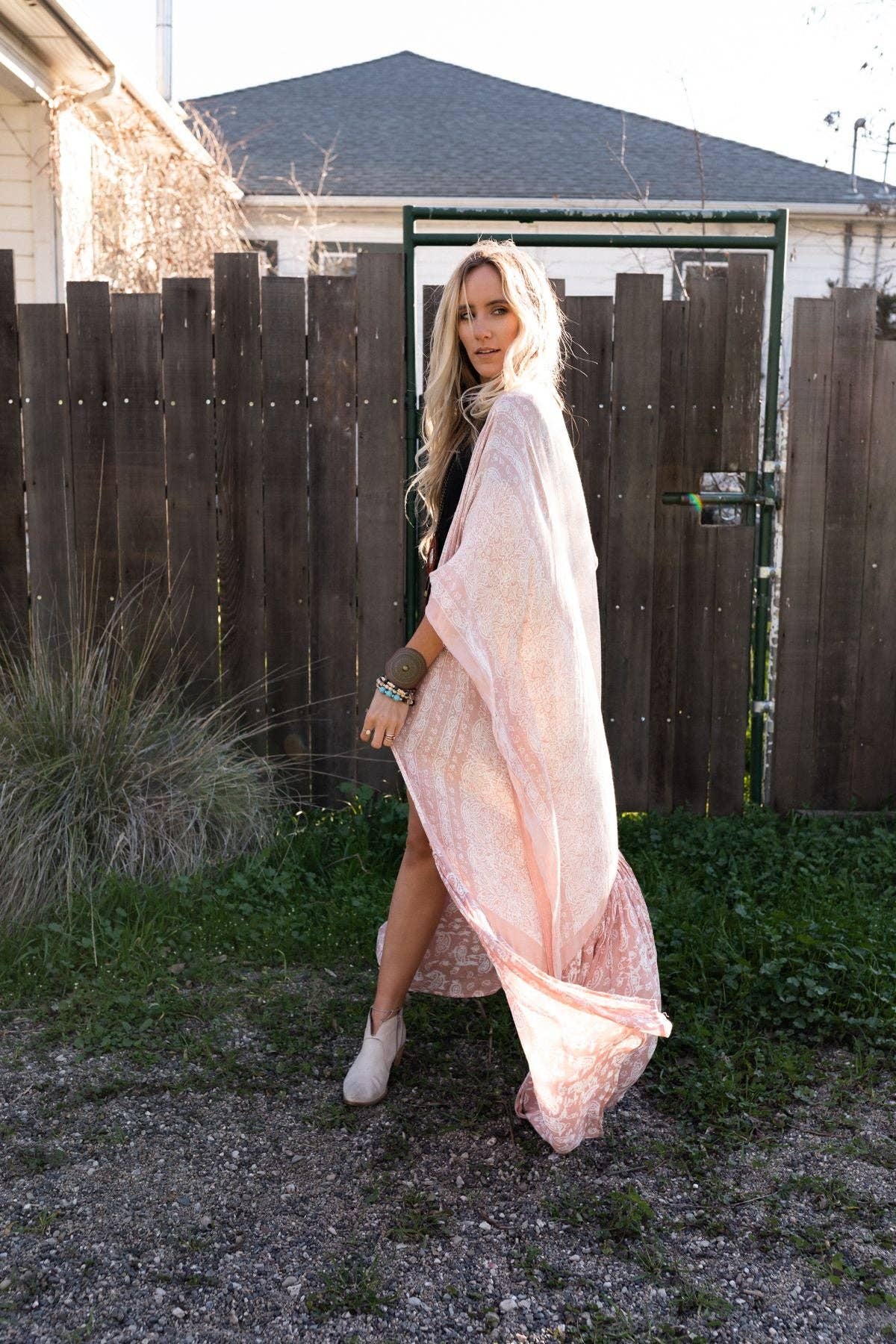 Paisley Tapestry Free Flow Duster Kimono - Blush: Blush