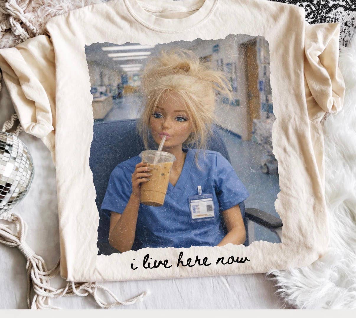 Nurse I Live Here Now Funny Graphic Tee Ivory