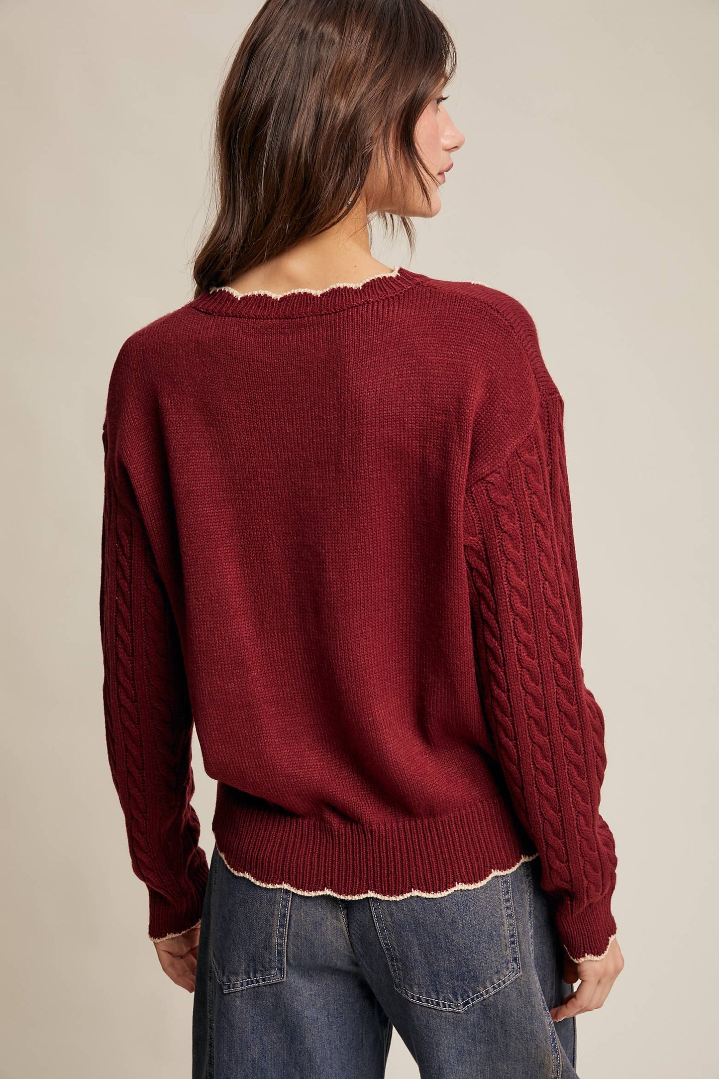 Floral Embroidered Cable Knit Sweater-cabernet