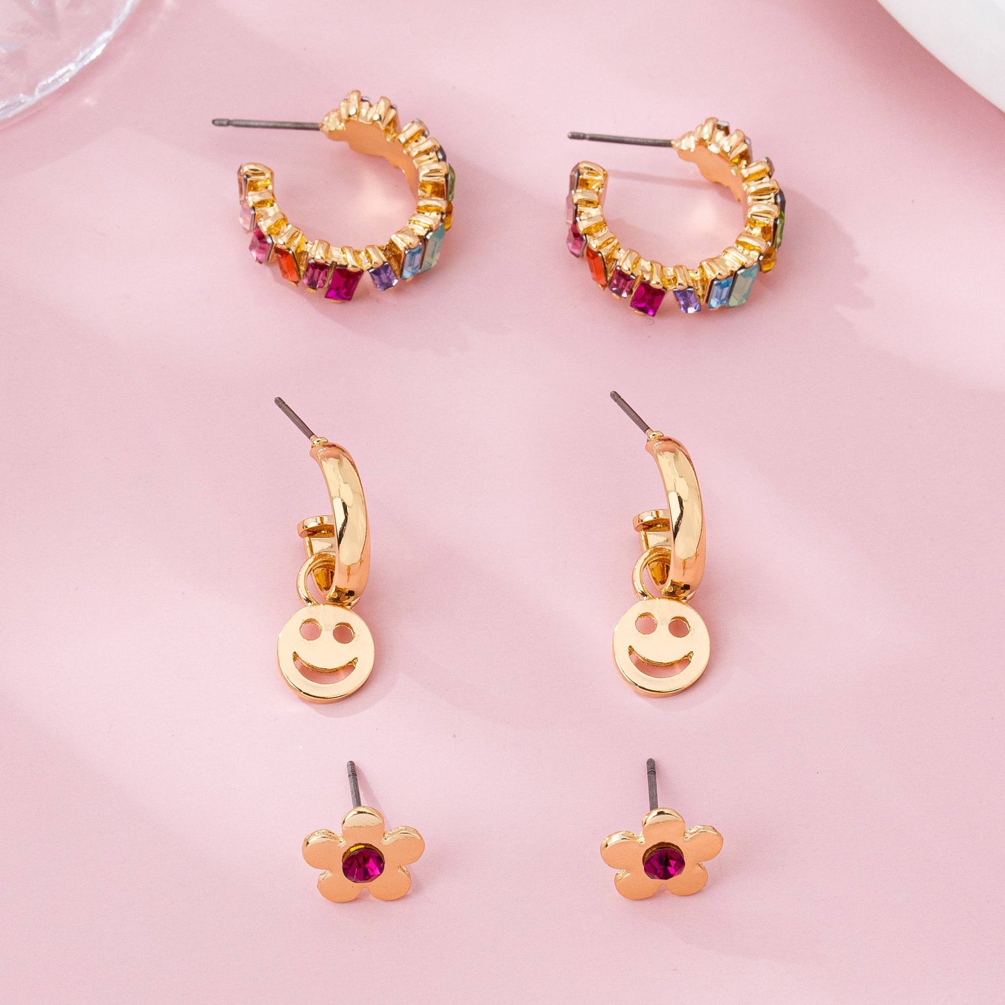 Rainbow Crystal, Smiley, and Floral Trio Earrings