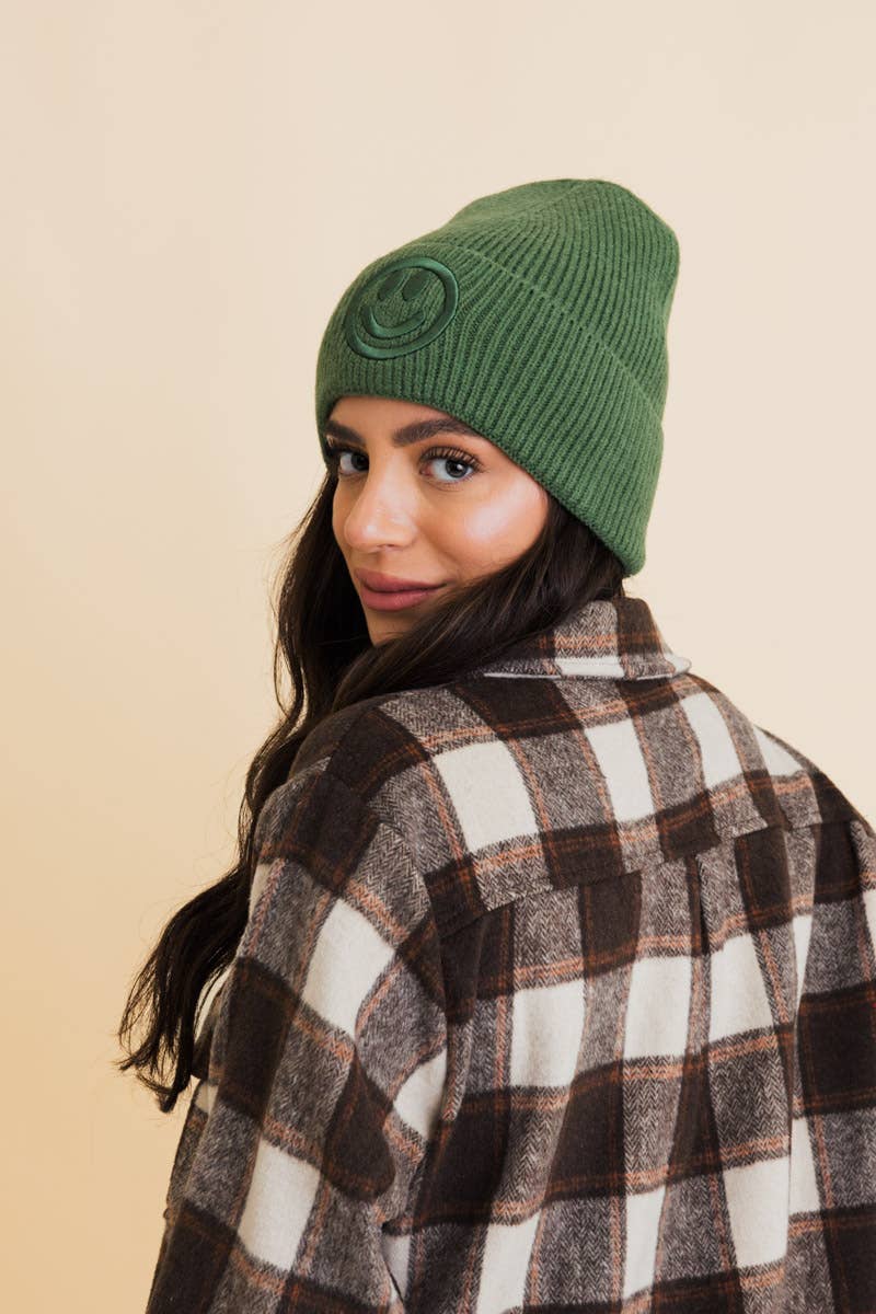 Happy Face Embroidered Ribbed Knit Beanie (Choose a color)