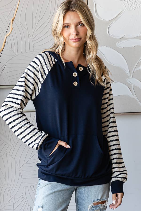 Stripe Contrast Hooded Knit Top/ Navy