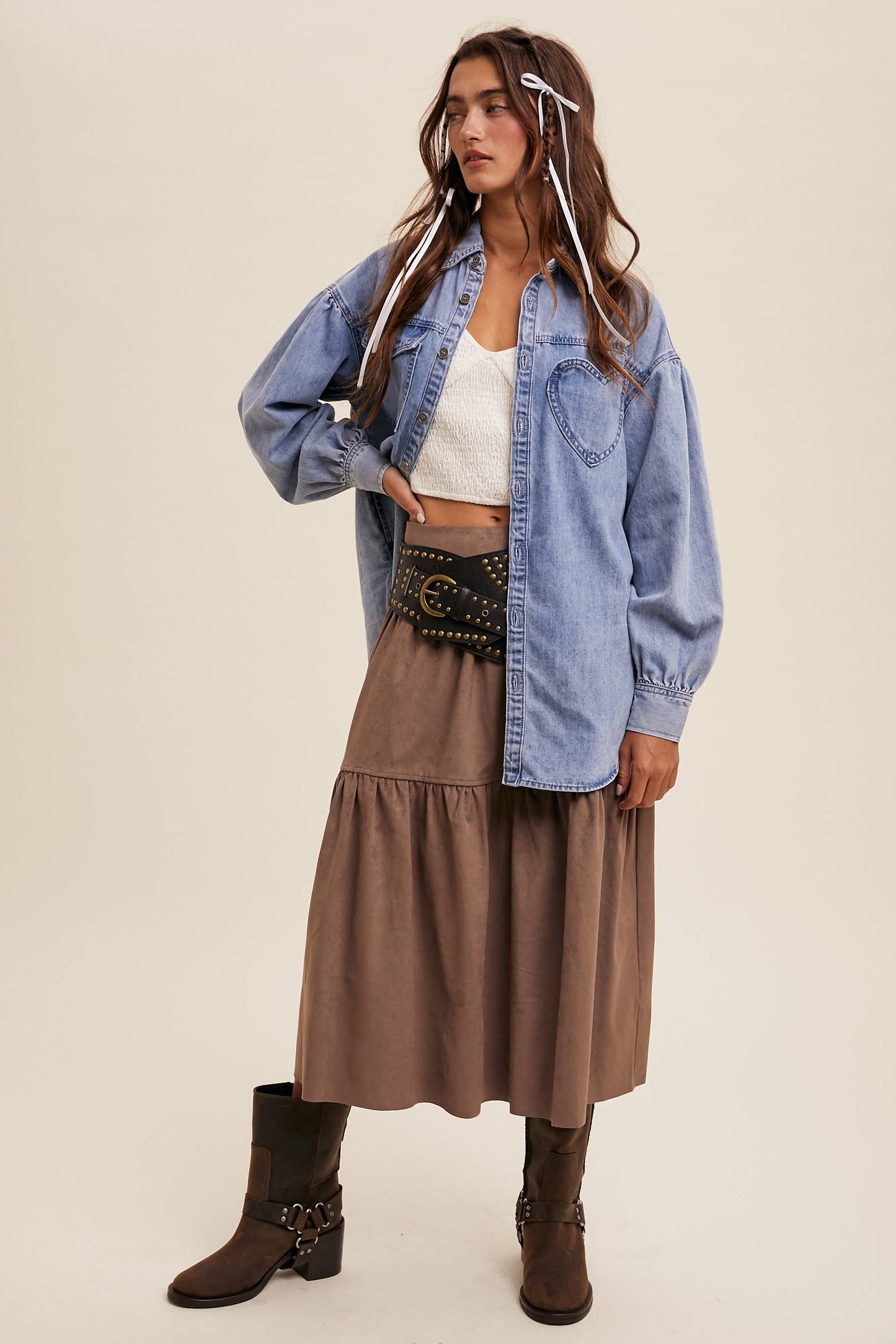 Heart Detail Oversized Denim Shirt/ Light Denim