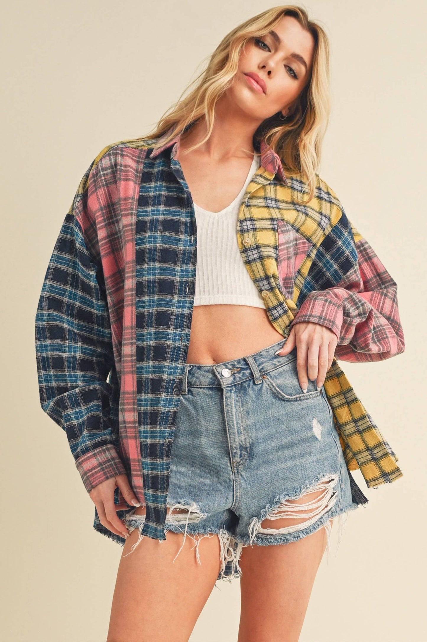 Neela Multi Color Plaid Flannel Shirt 1: Blue/Pink/Yellow