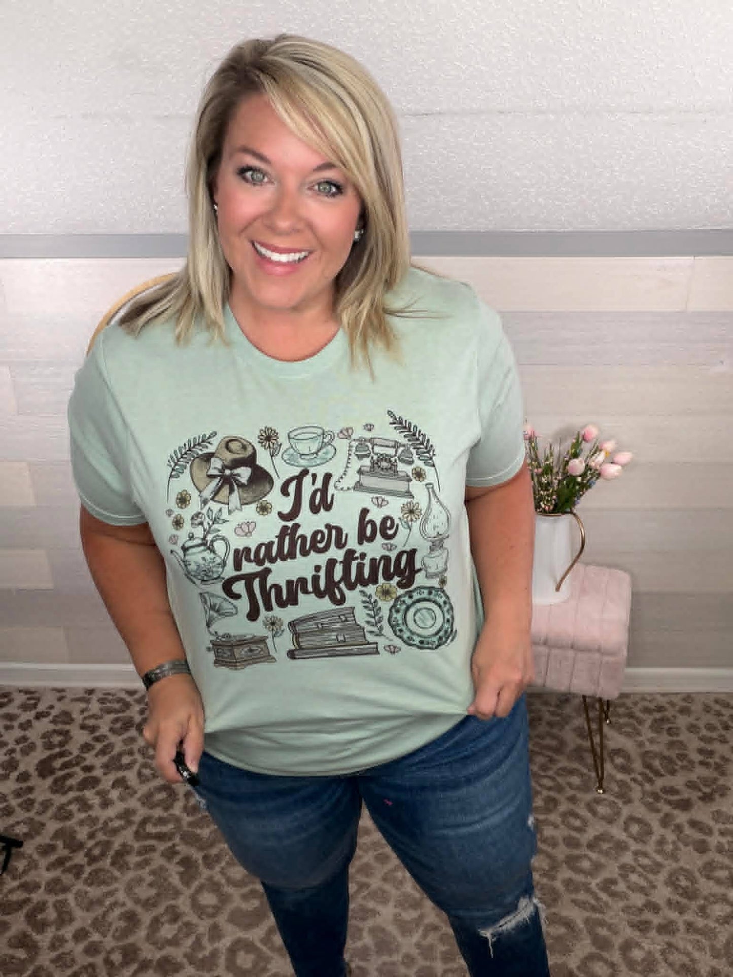 Vintage Rather be Thrifting Collage Dusty Green Graphic Tee