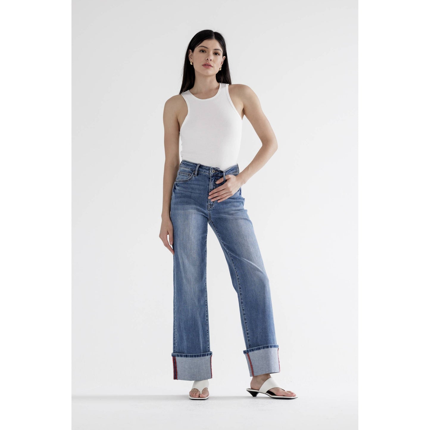 HIGH RISE WIDE LEG WITH CUFF HEM: PORTO BLUE