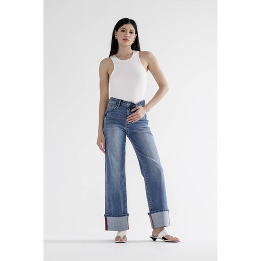 HIGH RISE WIDE LEG WITH CUFF HEM: PORTO BLUE