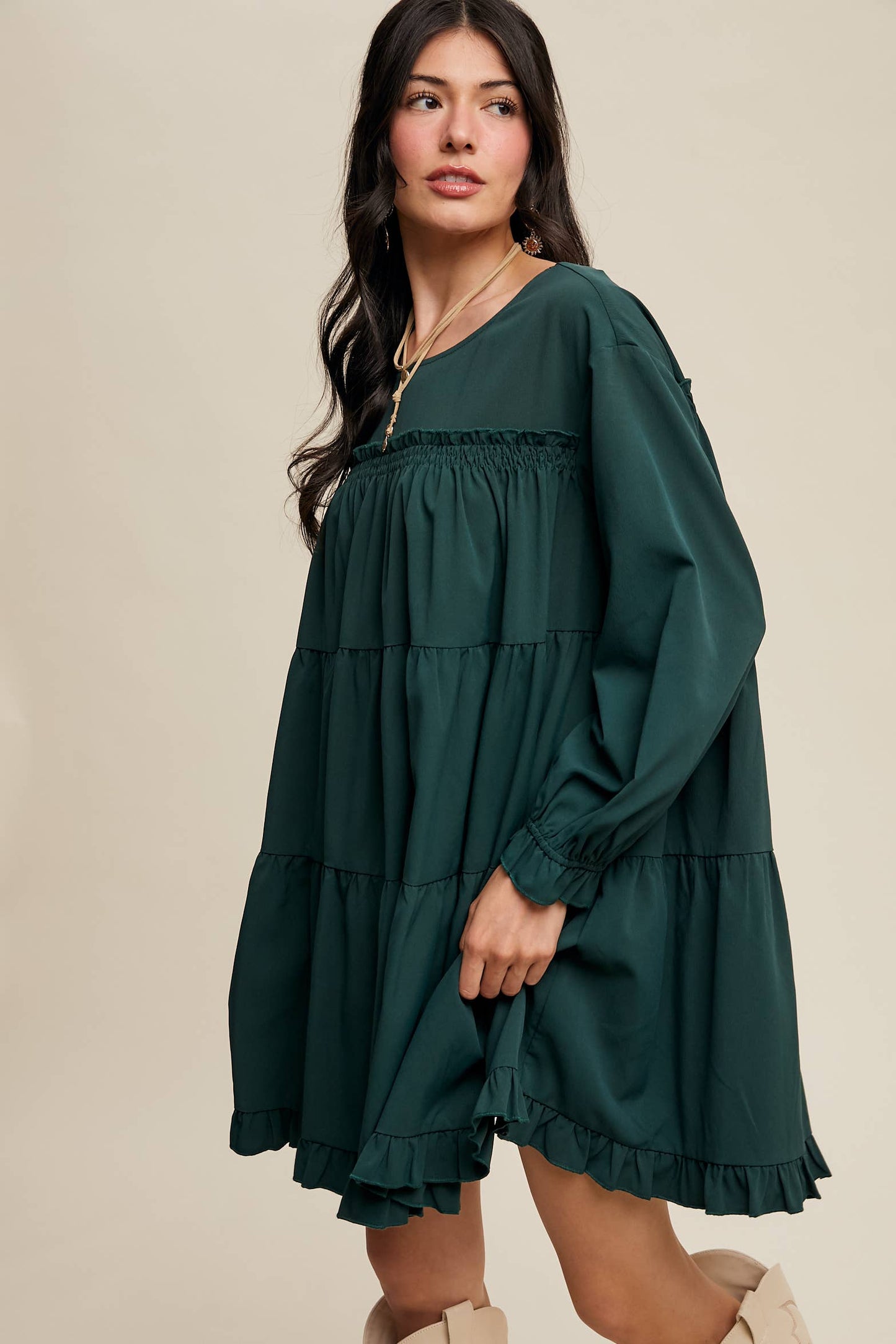Ruffle Tiered Long Sleeve Babydoll Dress