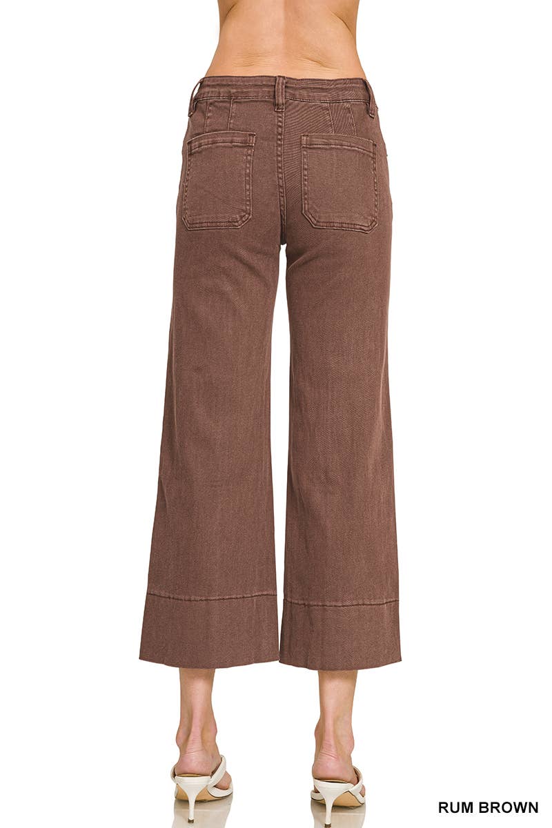 Mid Rise Wide Leg Cropped Mocha Denim Pants