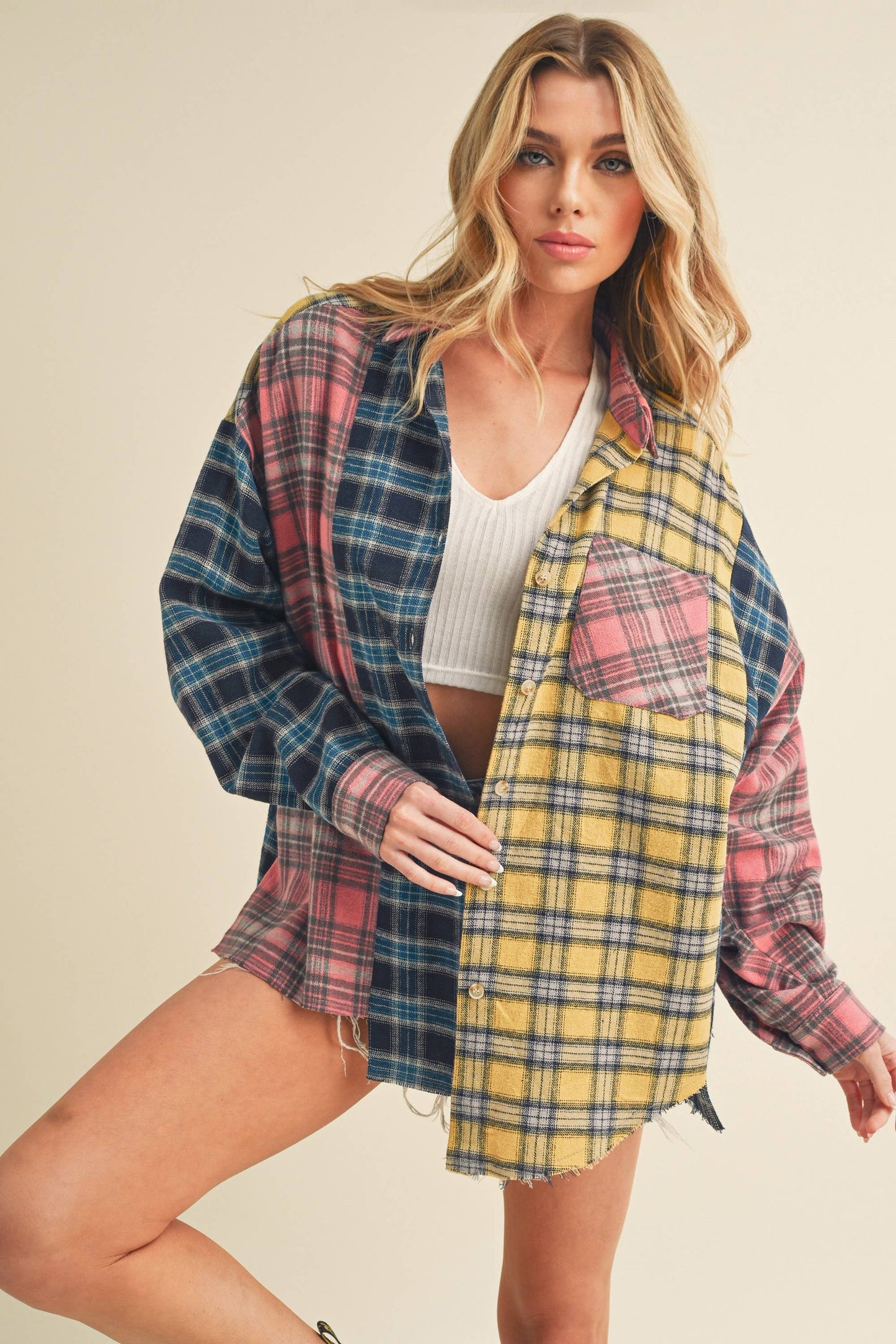 Neela Multi Color Plaid Flannel Shirt 1: Blue/Pink/Yellow