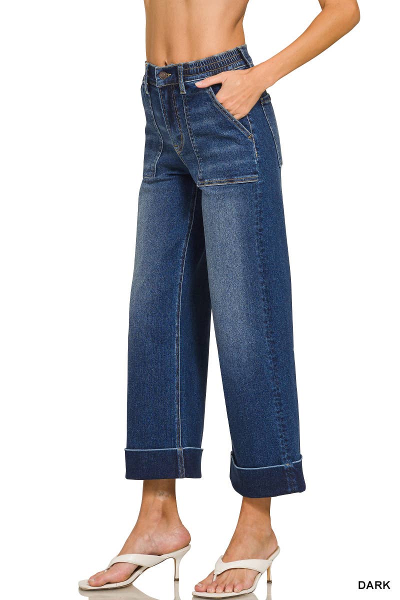 High-Rise Wide Leg Patch Pocket Crop Jeans- DARK