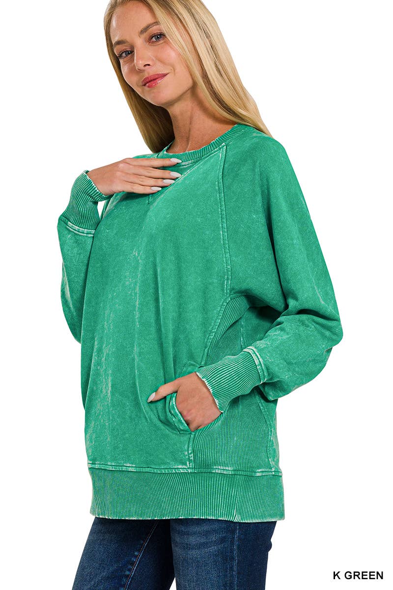 `Acid Wash French Terry Pullover w// Pockets: SLEET