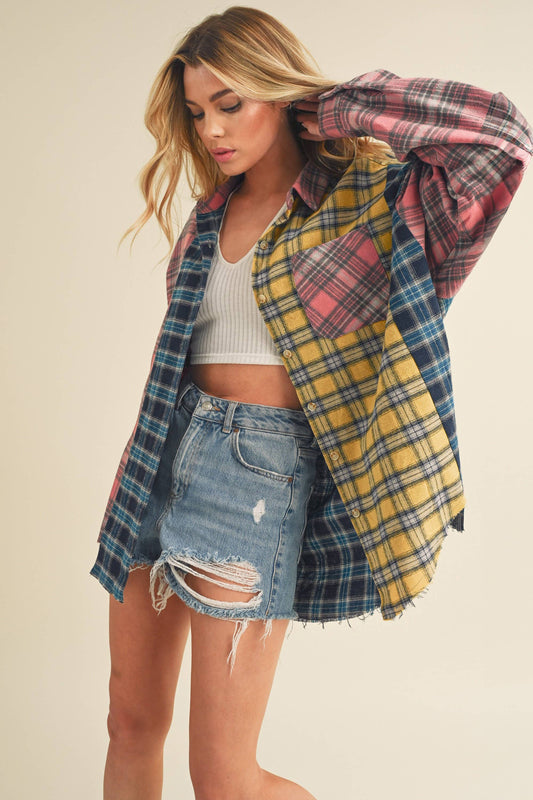 Neela Multi Color Plaid Flannel Shirt 1: Blue/Pink/Yellow