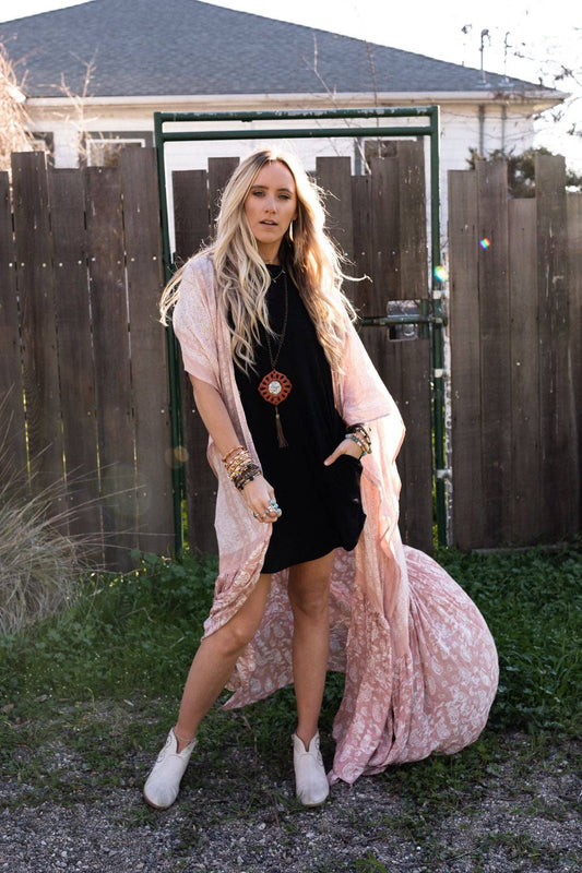 Paisley Tapestry Free Flow Duster Kimono - Blush: Blush