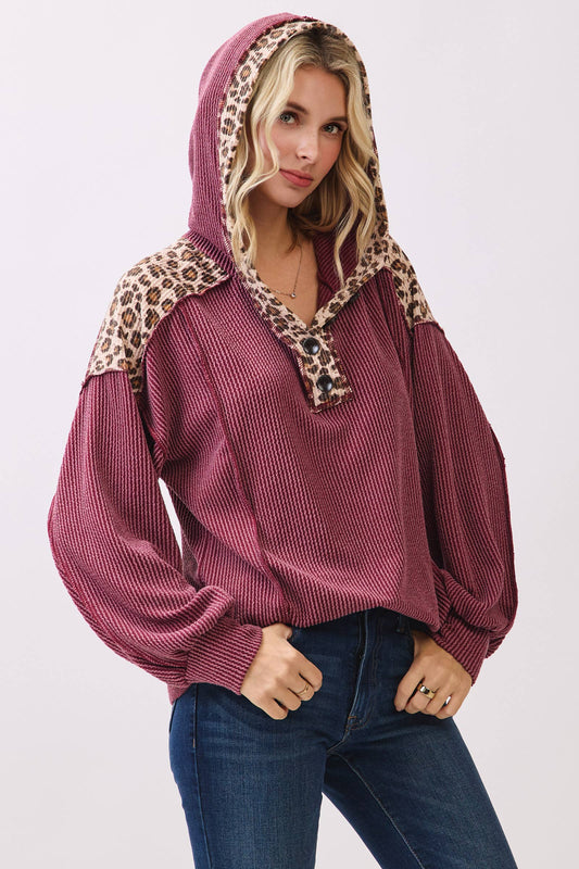 Leopard Contrast Button Front Hooded Sweatshirt/ Burgundy
