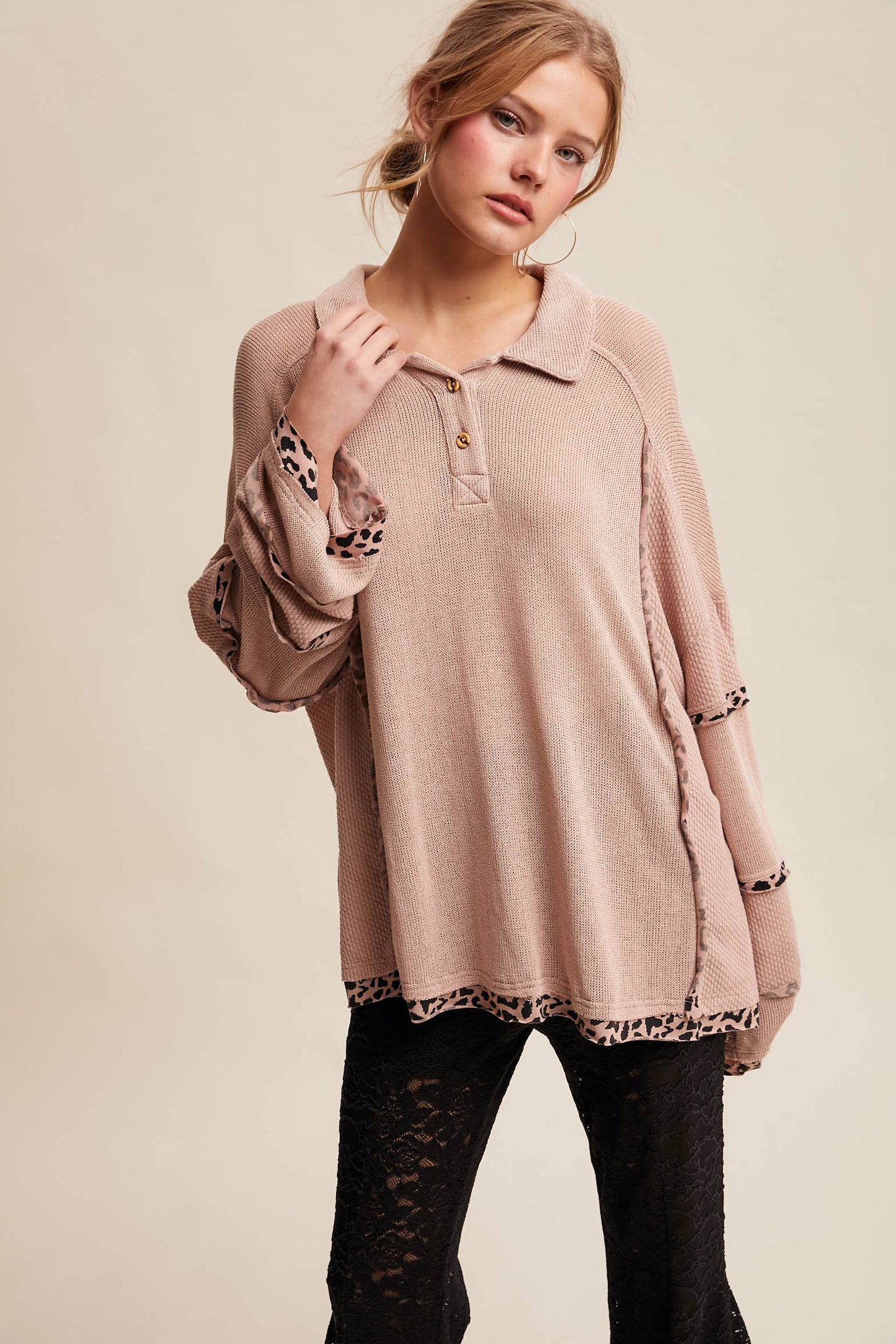 Leopard Trim Collared Thermal Top/ Dusty Pink