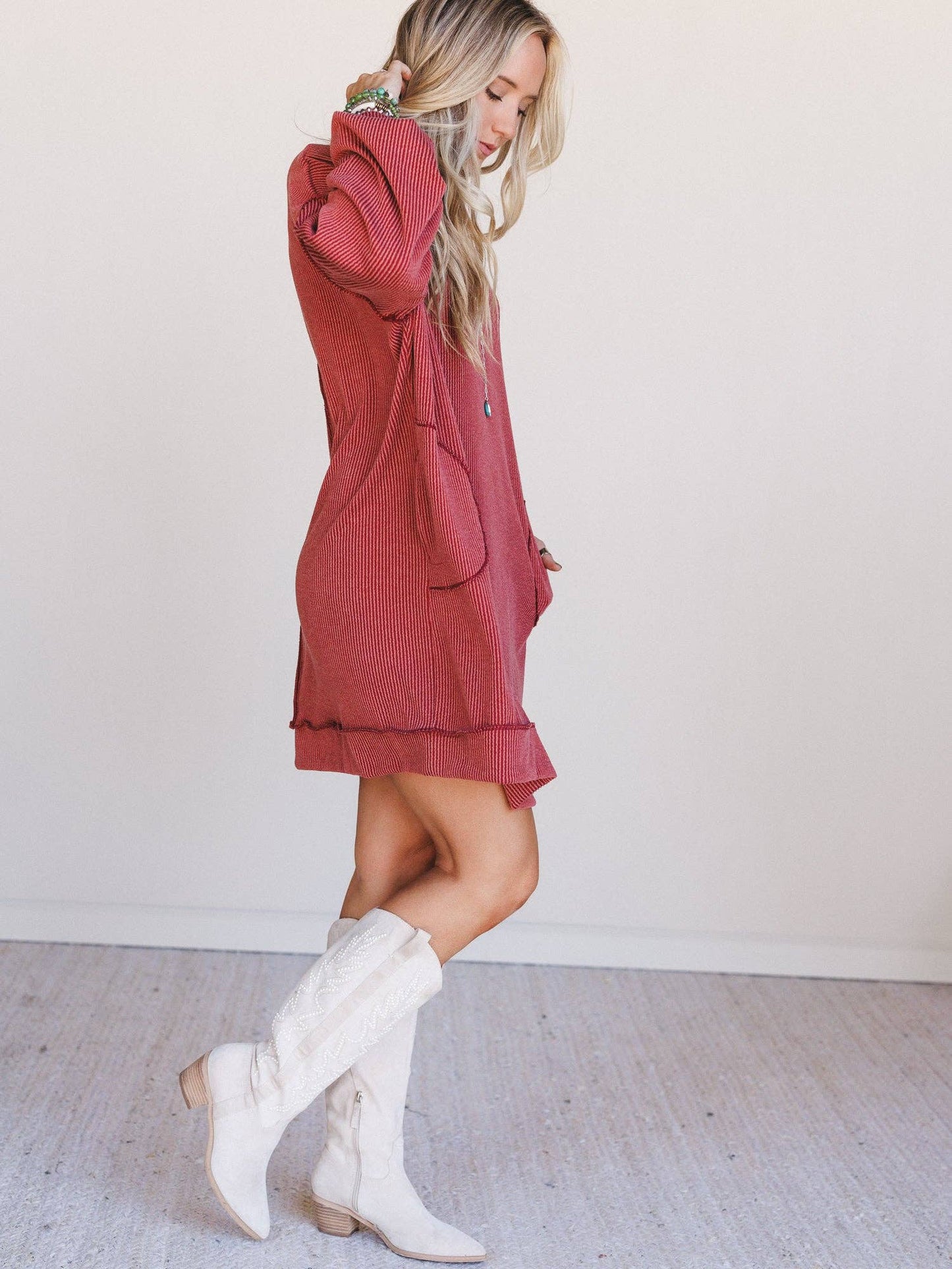 Moon Glow Long Sleeve Dress - Rust: Rust