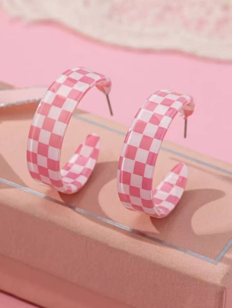 Retro Checkerboard Resin Hoop Earrings/ Pink