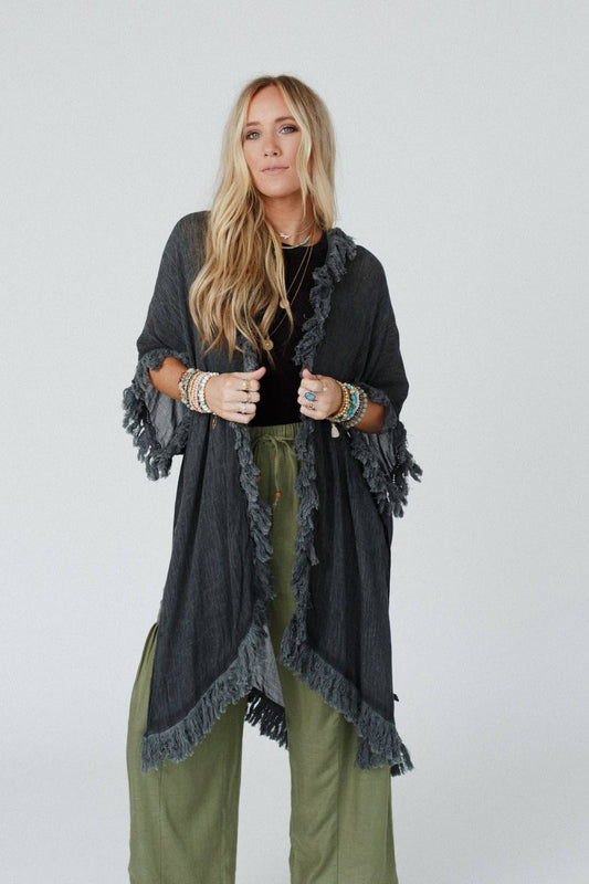On The Edge Fringe Kimono - Charcoal: OS