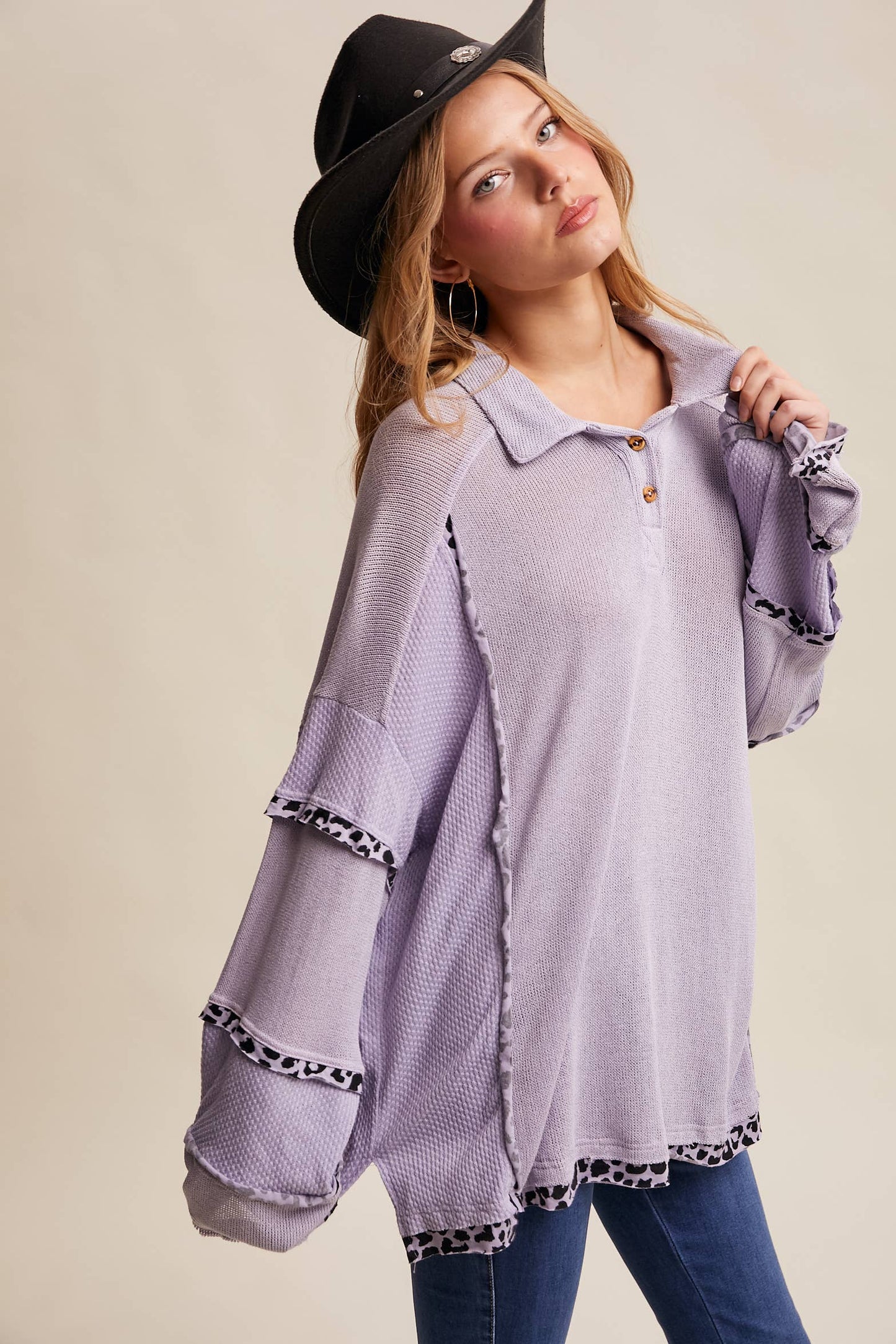 Leopard Trim Collared Thermal Top/ Lilac