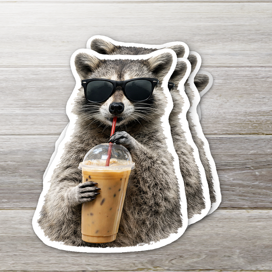 Cool Raccoon Iced Coffee Vinyl Sticker: 2" tall