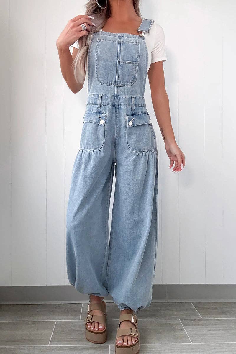 Wide-Leg Denim Overall Jumpsuit: BLUE
